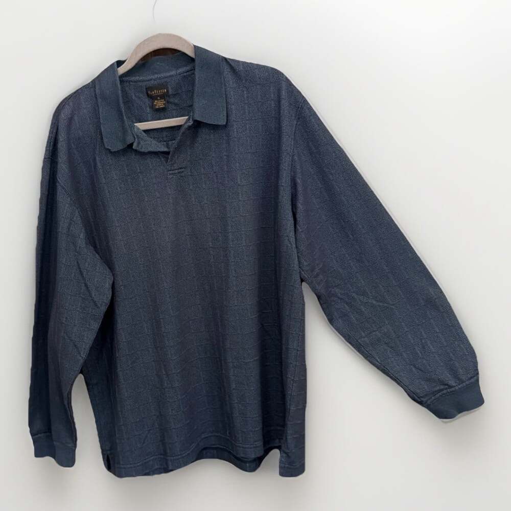 Van Heusen LongSleeve Pullover Blue Gray WindowPane Cotton Blend XL Meas In pics